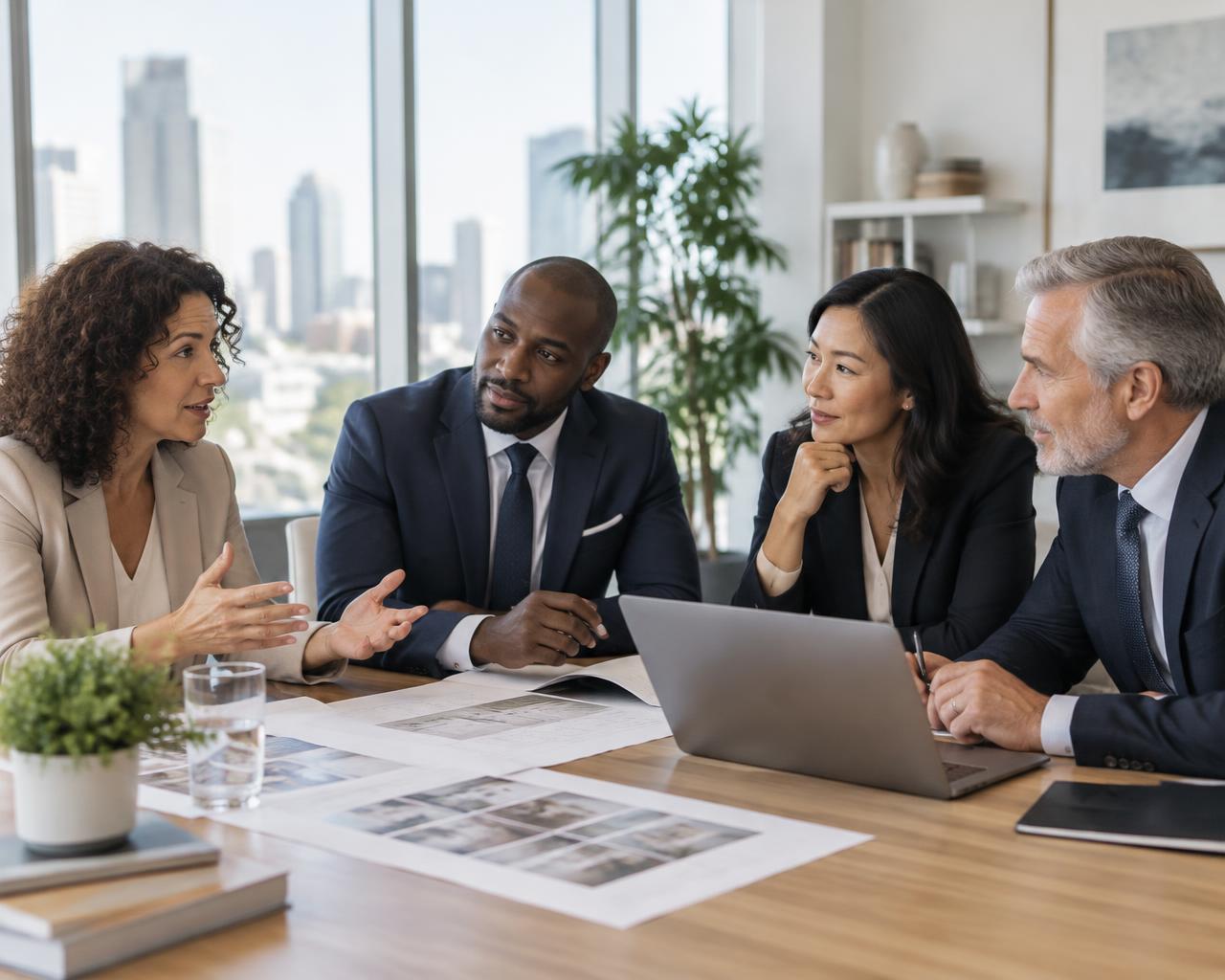 Business professionals collaborating on a strategy around a meeting table