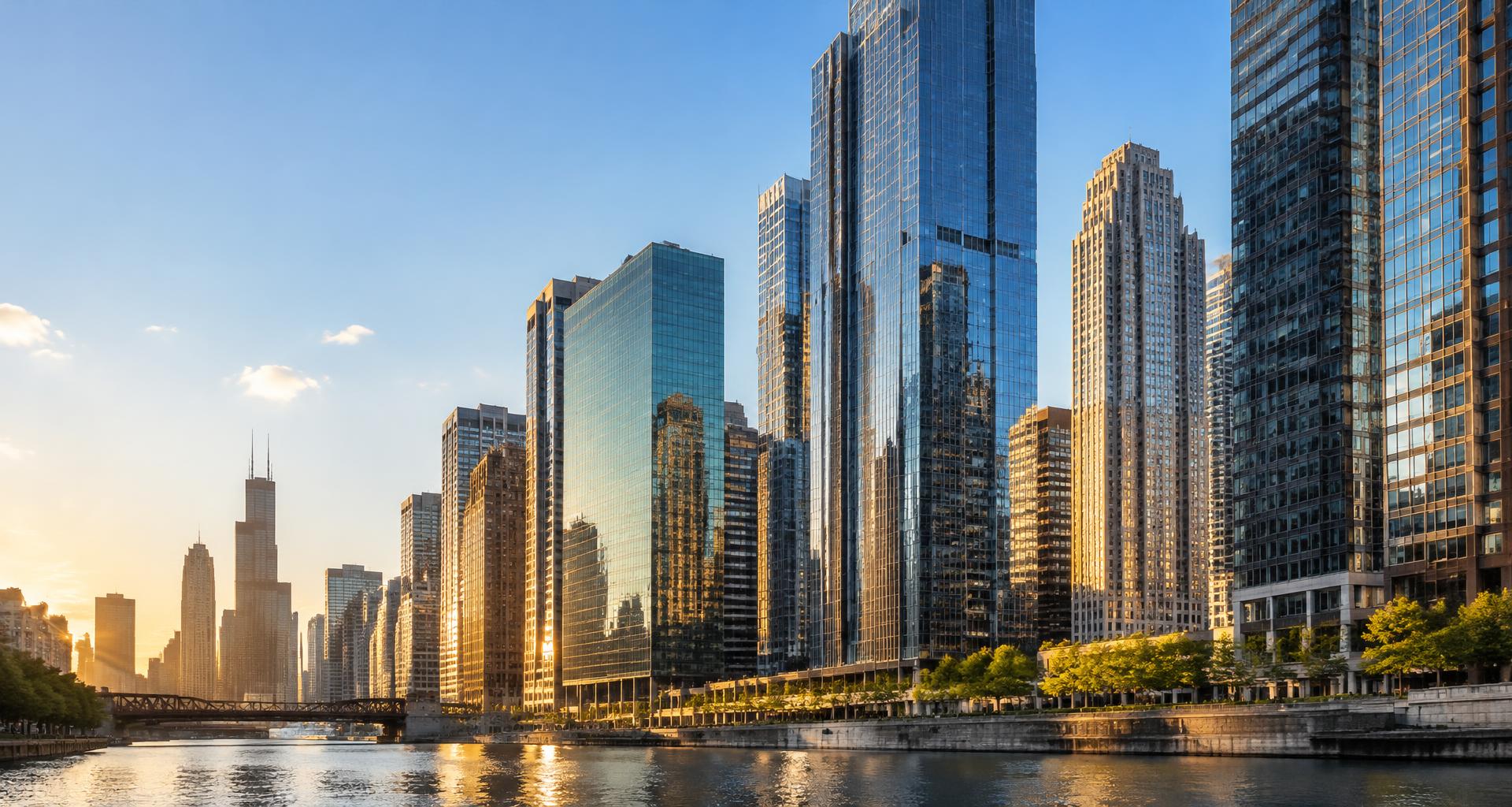 Modern city skyline and river in the golden afternoon light